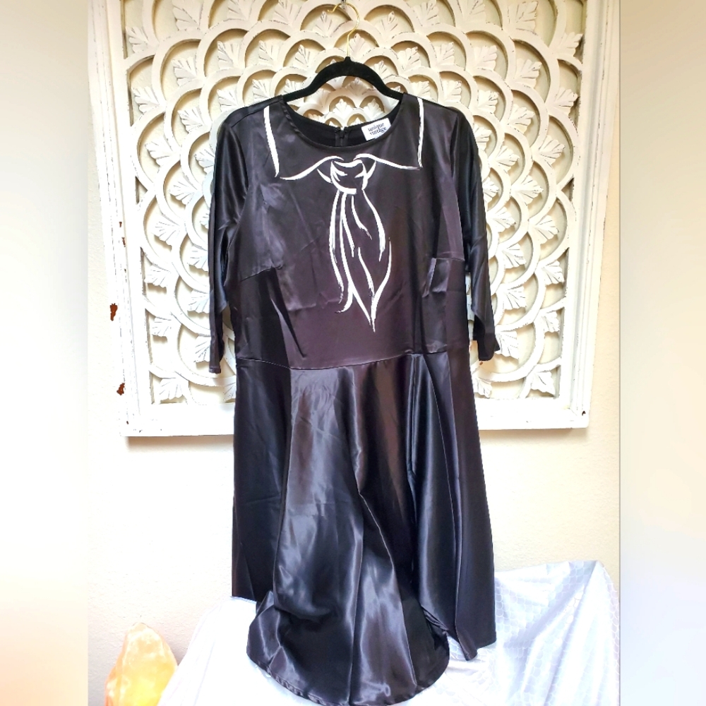 NWT Unique Vintage Inspired Black Satin Dress 2X Trompe L'oeil